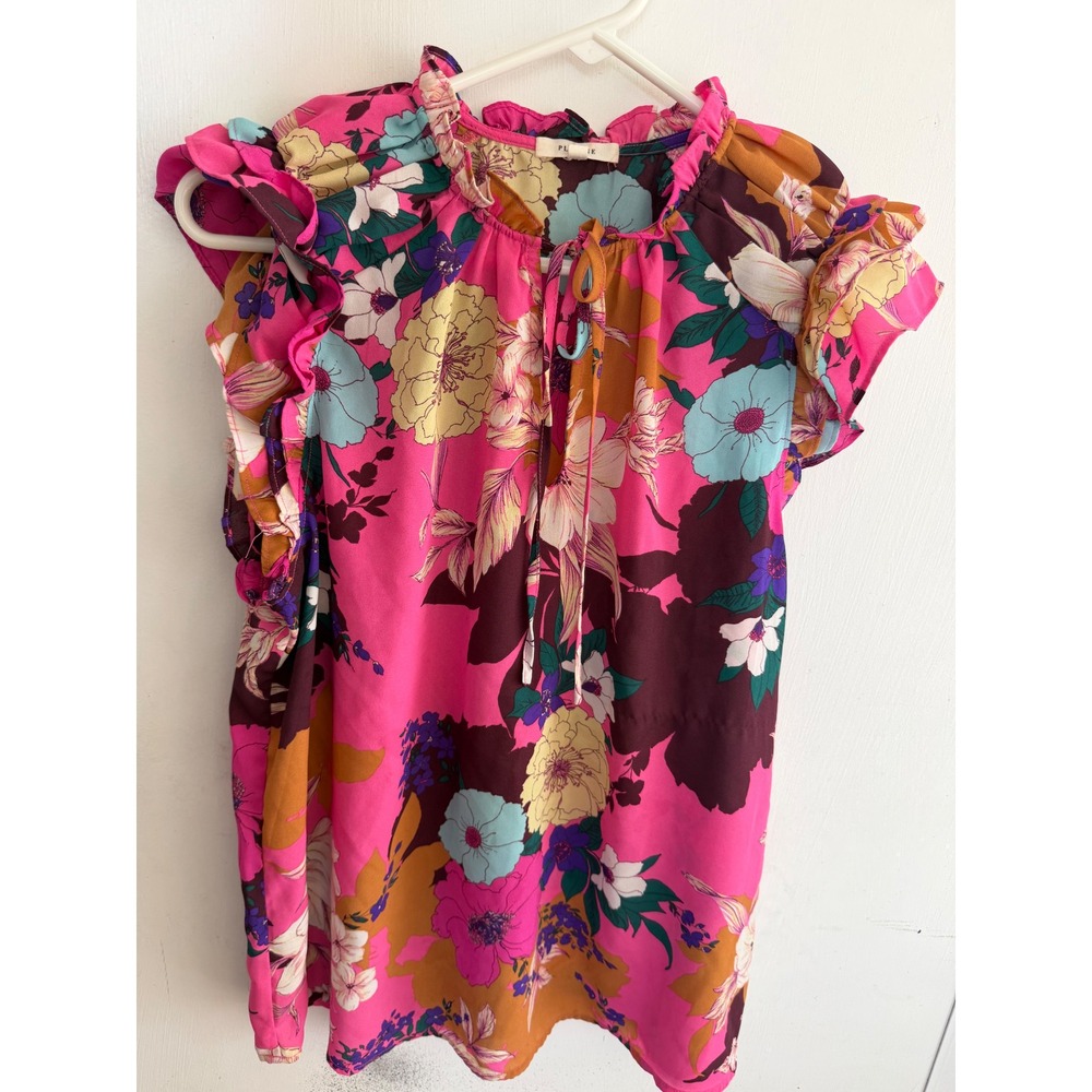Pleione Floral Ruffle Flutter Sleeve Blouse Pink Multicolor Split Neck Top Large